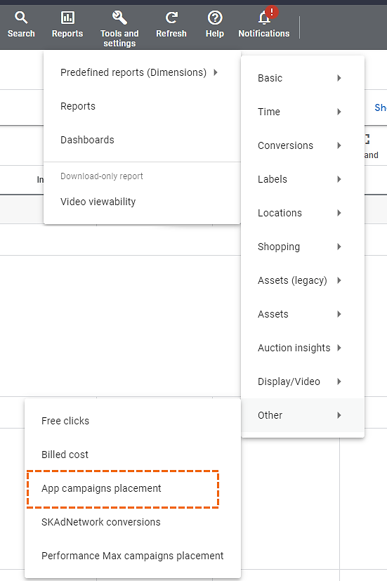 The "App campaigns placement" report is well hidden