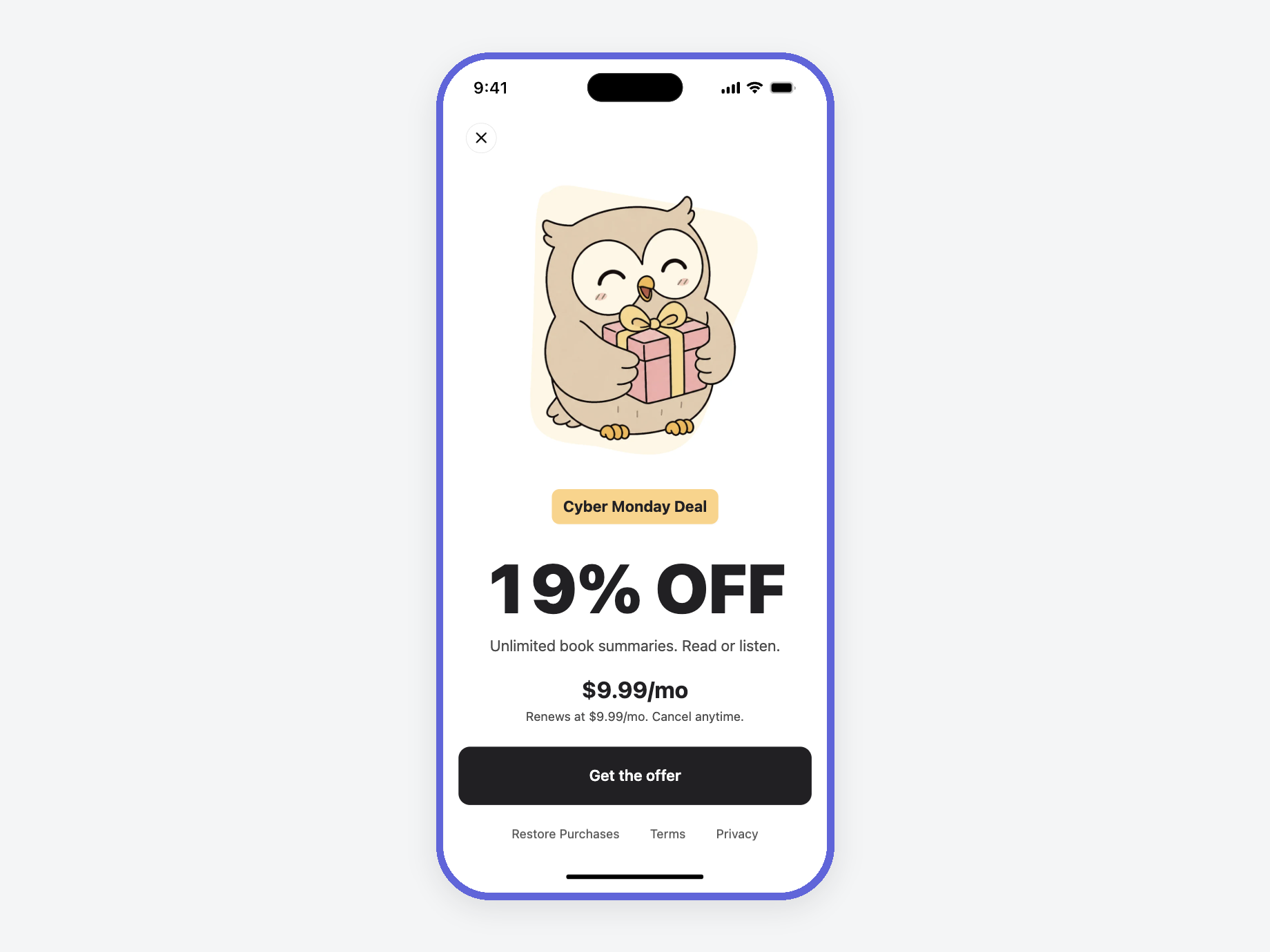 Book-summary app paywall with an owl holding a gift, a 19% Cyber Monday discount, and a “Get the offer” button.