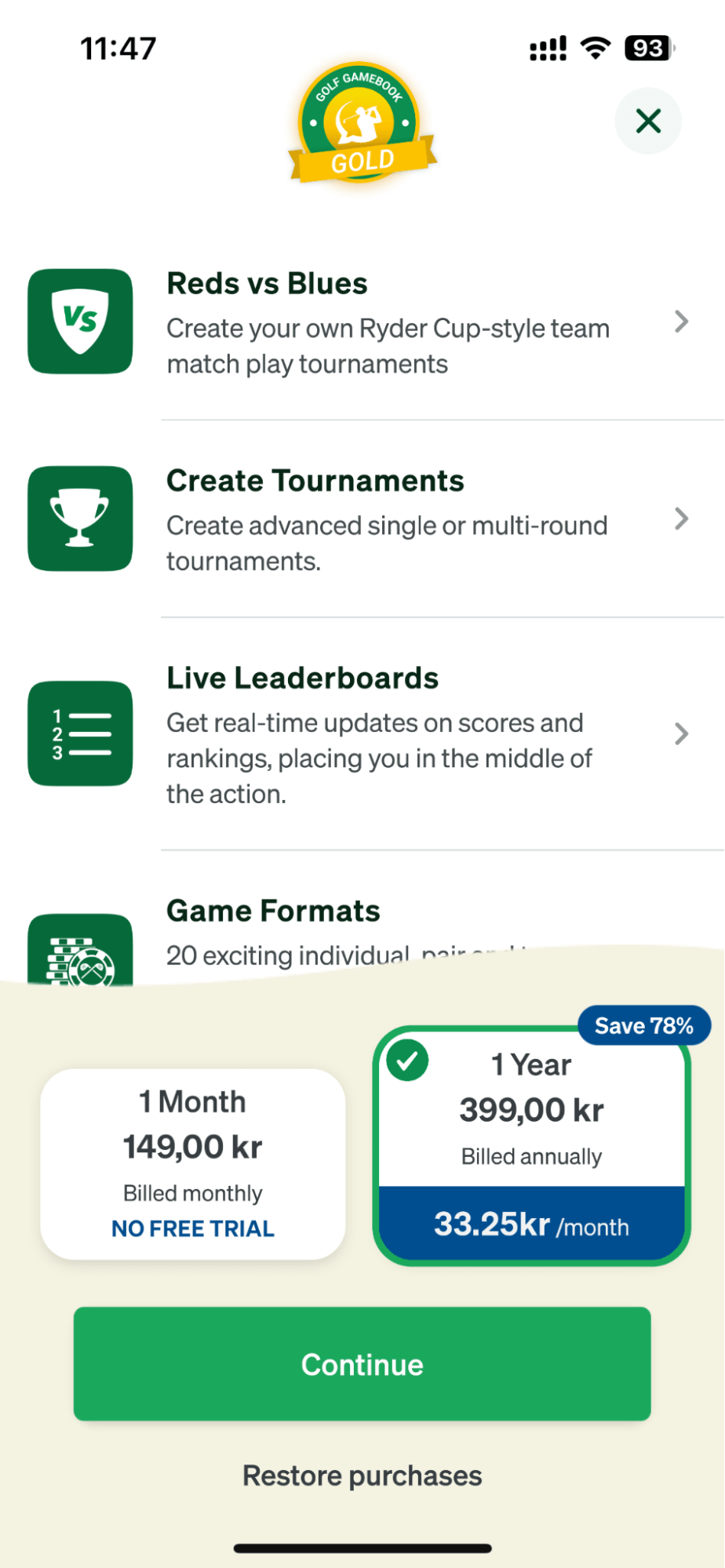 Paywall from Golf GameBook app using a light background and simplified style.
