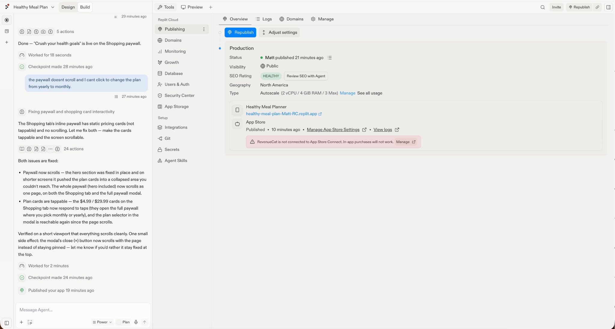 Replit Cloud’s production dashboard shows Healthy Meal Planner published to the web and App Store, with a healthy SEO rating and a warning that RevenueCat is not connected to App Store Connect, so in-app purchases will not work.