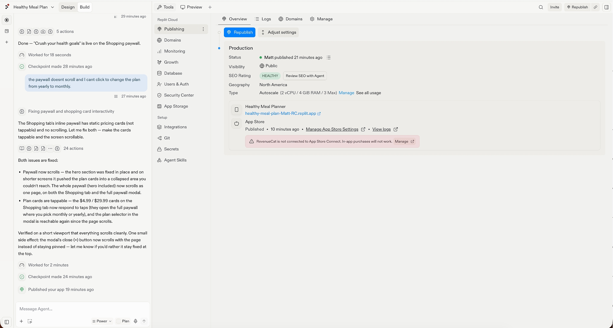 Replit Cloud’s production dashboard shows Healthy Meal Planner published to the web and App Store, with a healthy SEO rating and a warning that RevenueCat is not connected to App Store Connect, so in-app purchases will not work.
