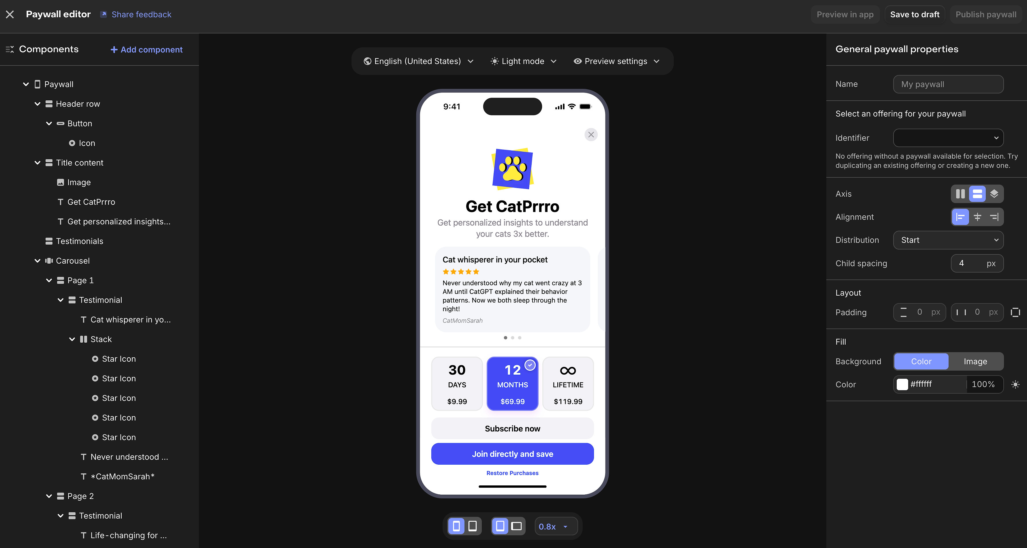 RevenuCat Paywalls web UI