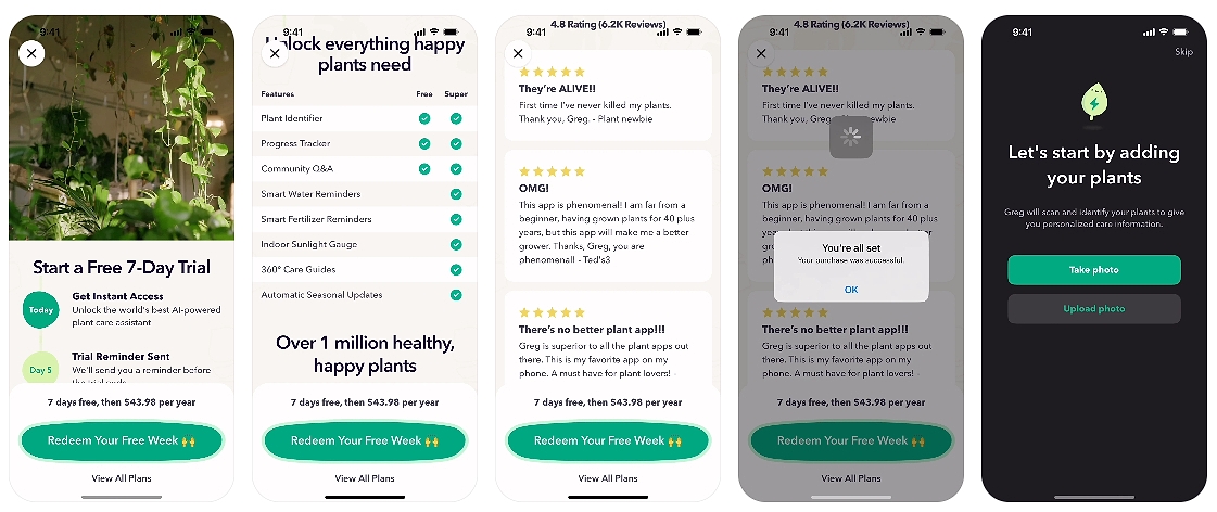 five screenshots showing onboarding for plant app Greg
