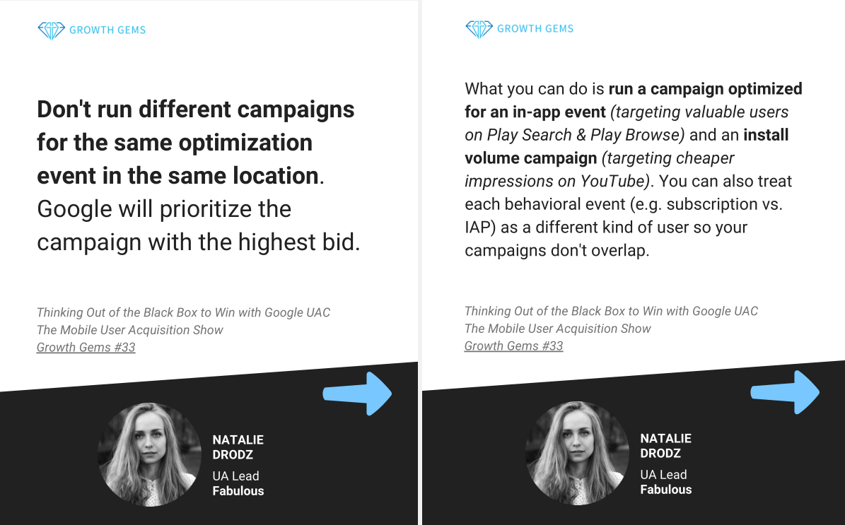 Natalie Drodz's tip on not running different campaigns with the same optimization event in the same location.