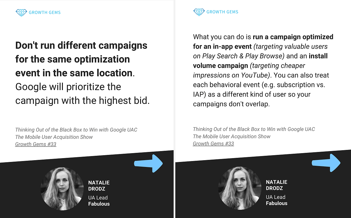Natalie Drodz's tip on not running different campaigns with the same optimization event in the same location.