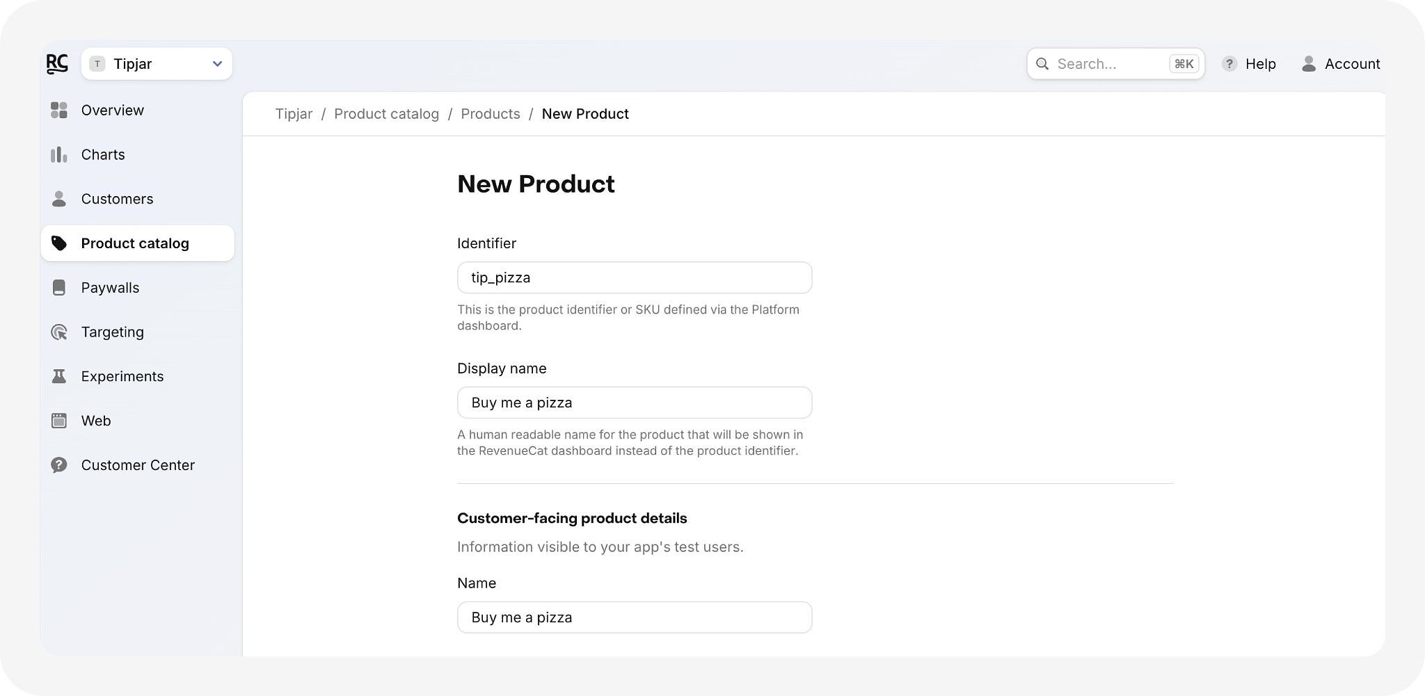 Screenshot of setting up a new product in RevenueCat dashboard