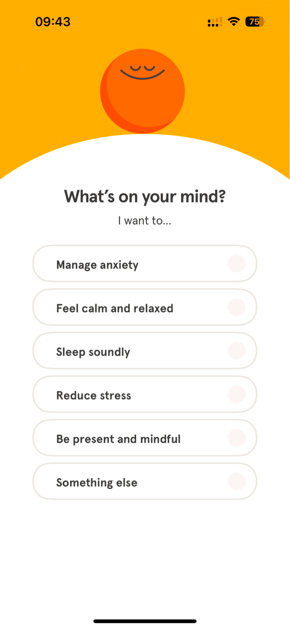 Headspace app screen asking users to select goals like managing anxiety and reducing stress.