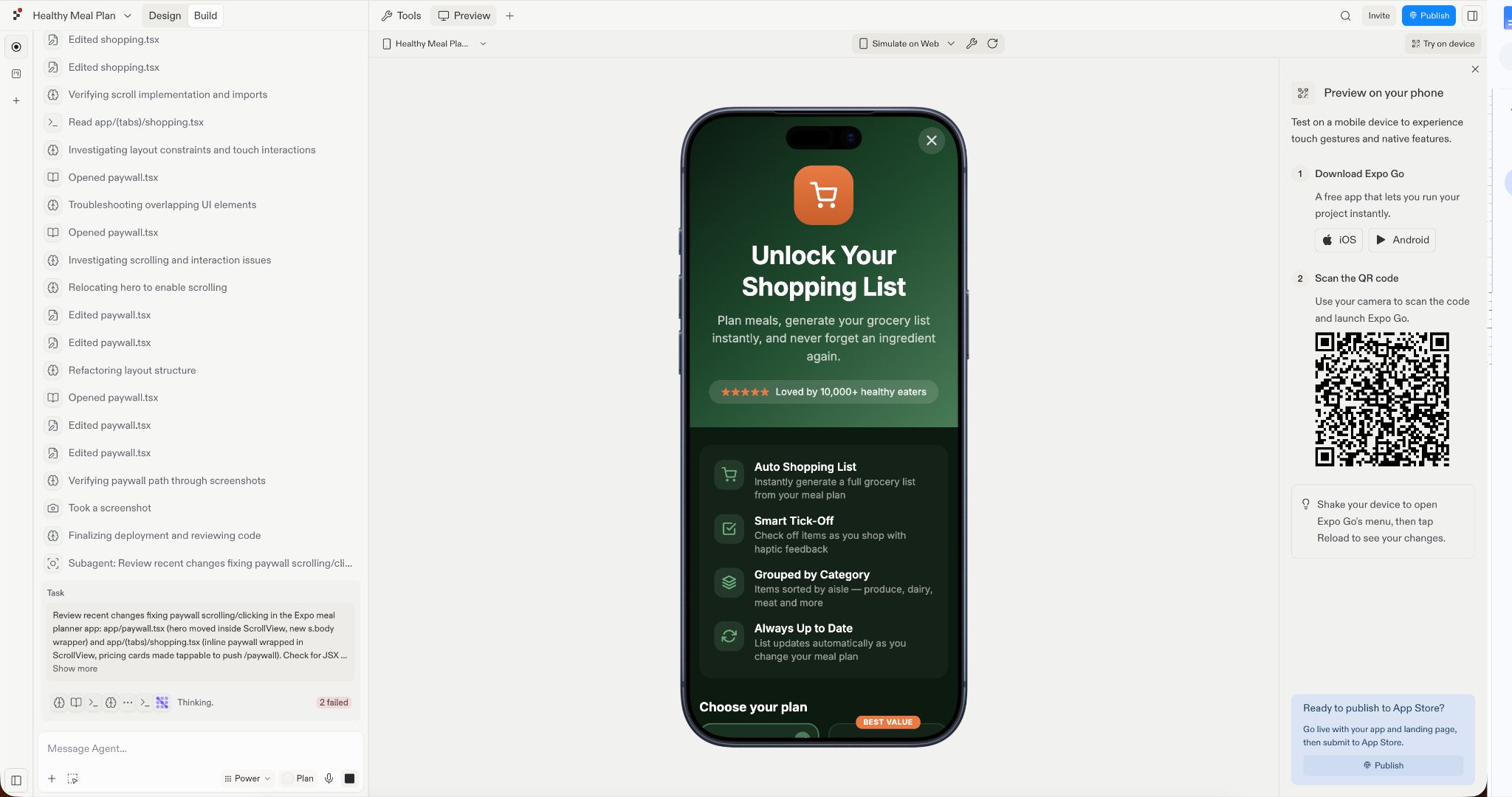 Replit’s mobile preview shows the Healthy Meal Plan app’s scrollable Shopping paywall, while the side panel provides instructions and a QR code for testing the app on a phone with Expo Go.