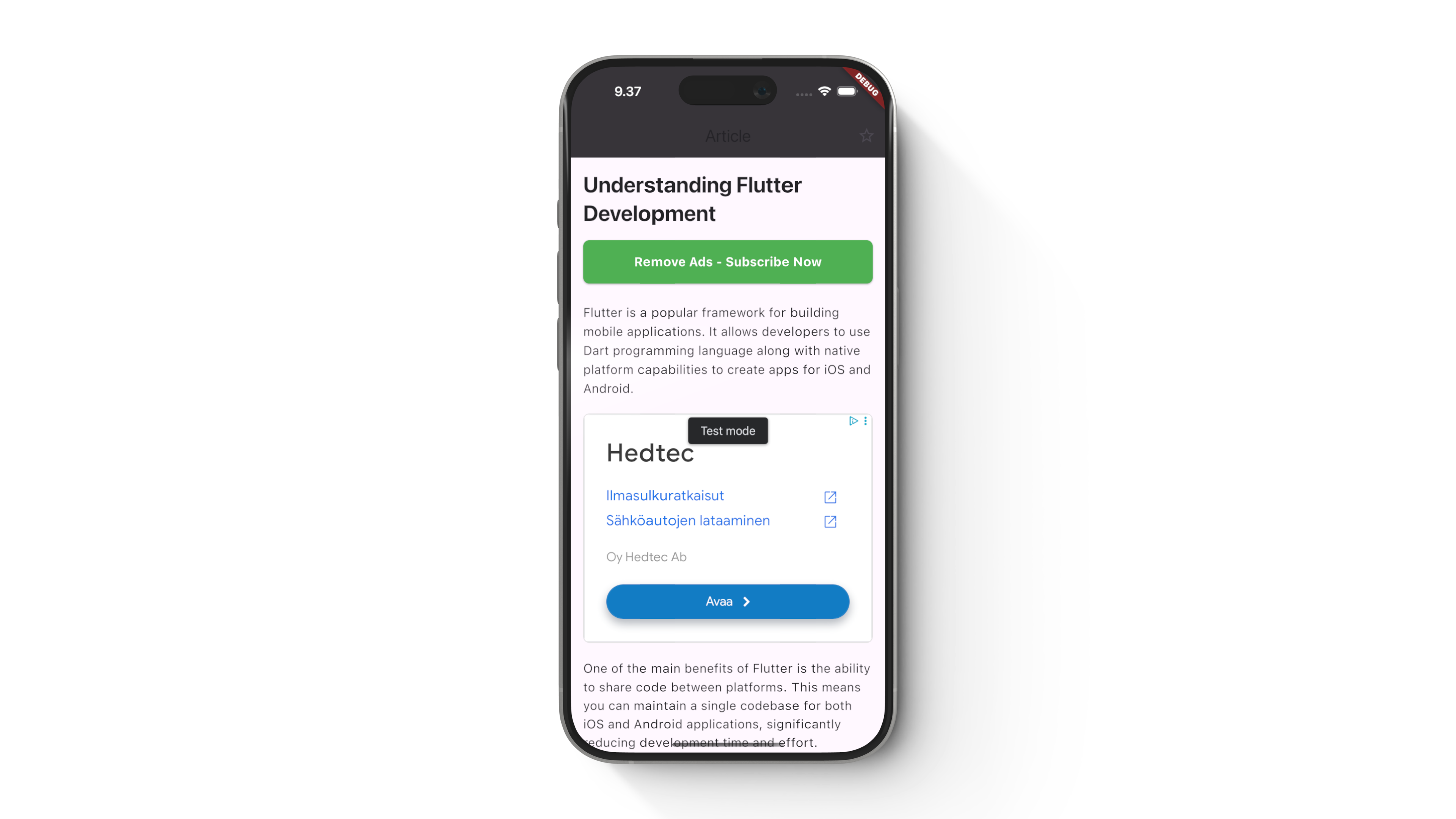 Final result, an app that shows both content and ads together and has a button for disabling the ads by subscribing.