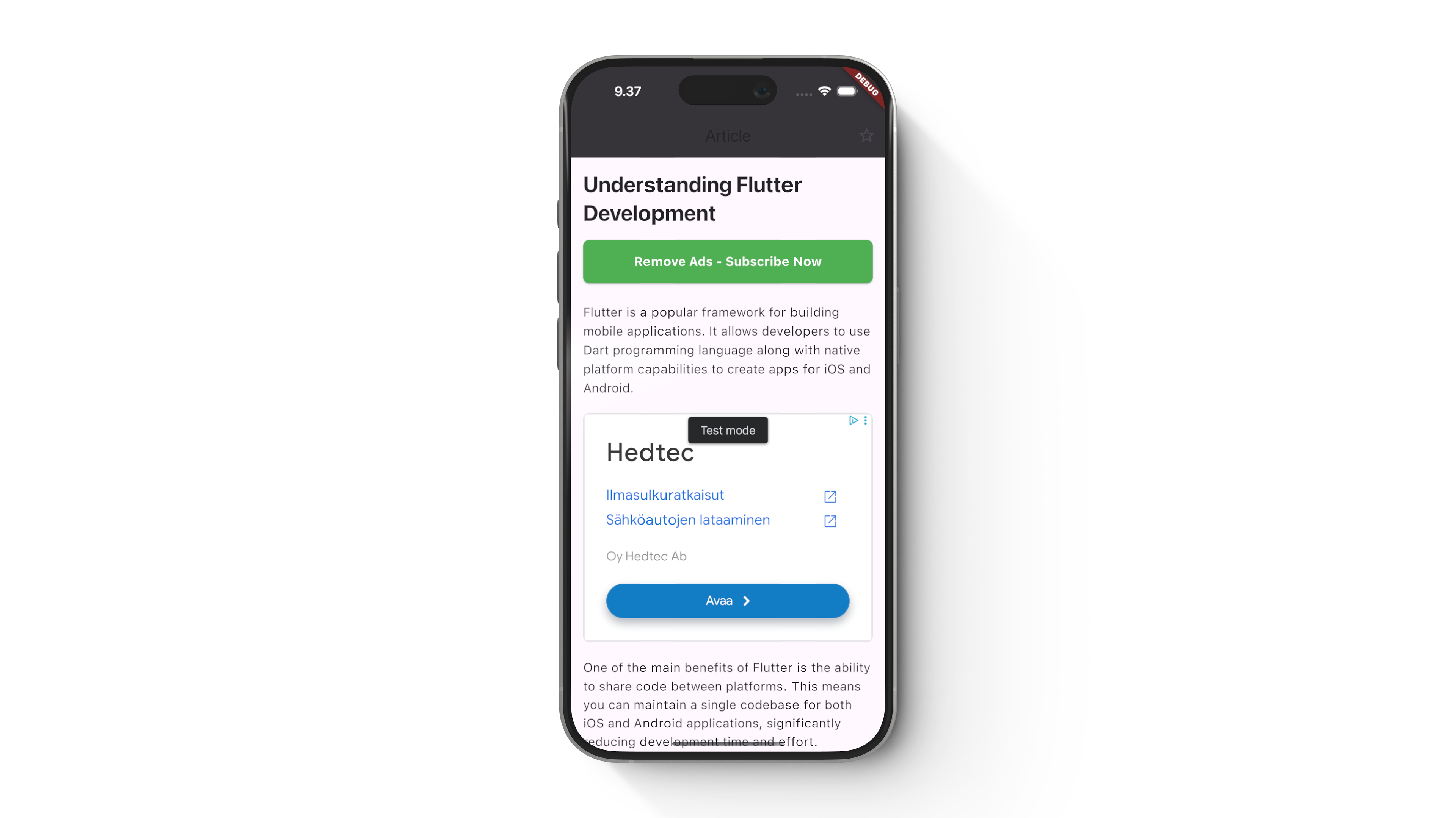 Final result, an app that shows both content and ads together and has a button for disabling the ads by subscribing.