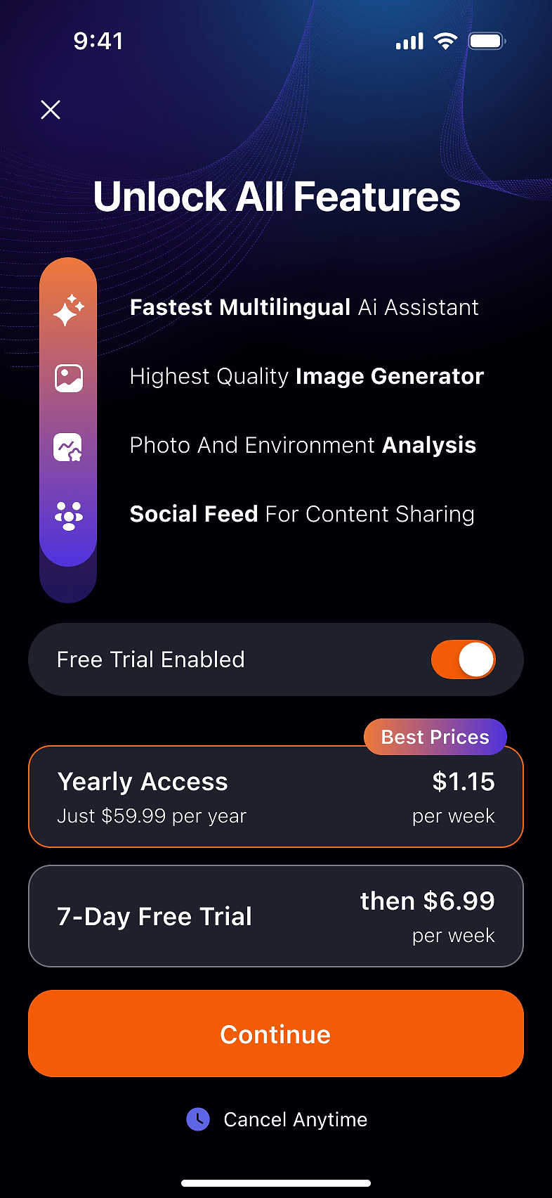 Paywall comparing monthly and yearly subscription costs to anchor user perception of value.