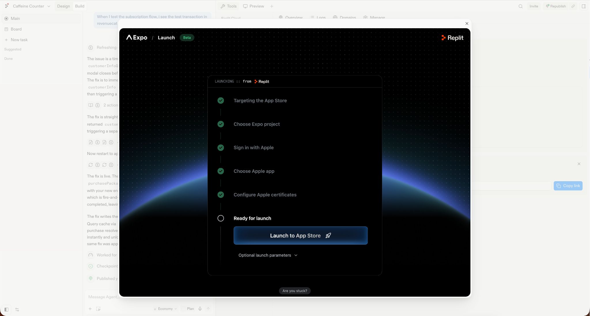 Replit’s Expo Launch dialog shows the app prepared for App Store submission, with completed steps for selecting the Expo project, signing in with Apple, choosing the app, and configuring Apple certificates, plus a "Launch to App Store" button.