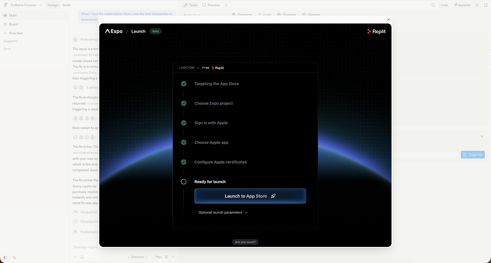 Replit’s Expo Launch dialog shows the app prepared for App Store submission, with completed steps for selecting the Expo project, signing in with Apple, choosing the app, and configuring Apple certificates, plus a "Launch to App Store" button.