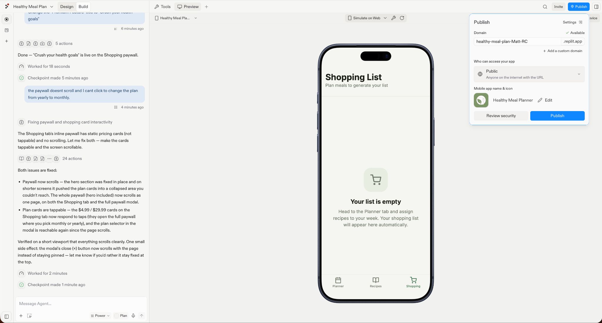 Replit’s Publish panel shows the Healthy Meal Planner app configured for public access with an available domain, app name, icon, and Publish button, alongside a phone preview of the app’s empty Shopping List screen.