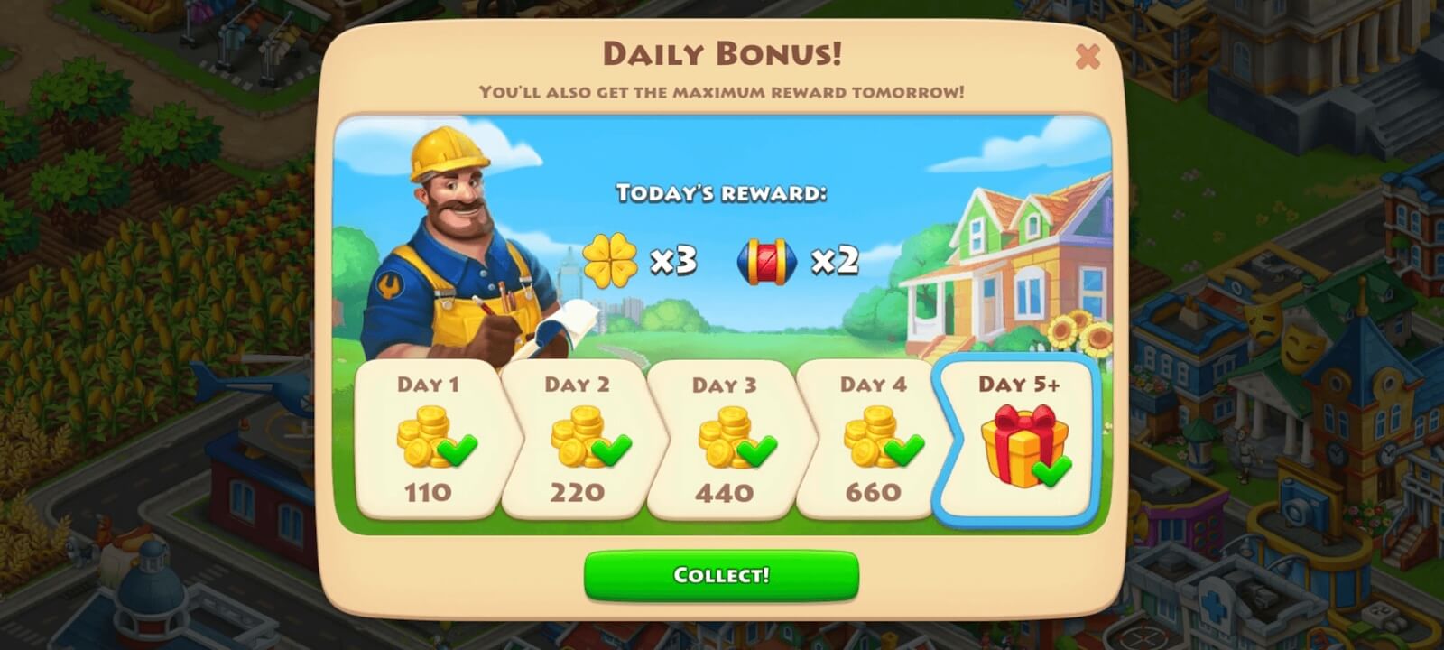 Daily bonus for playing in Township