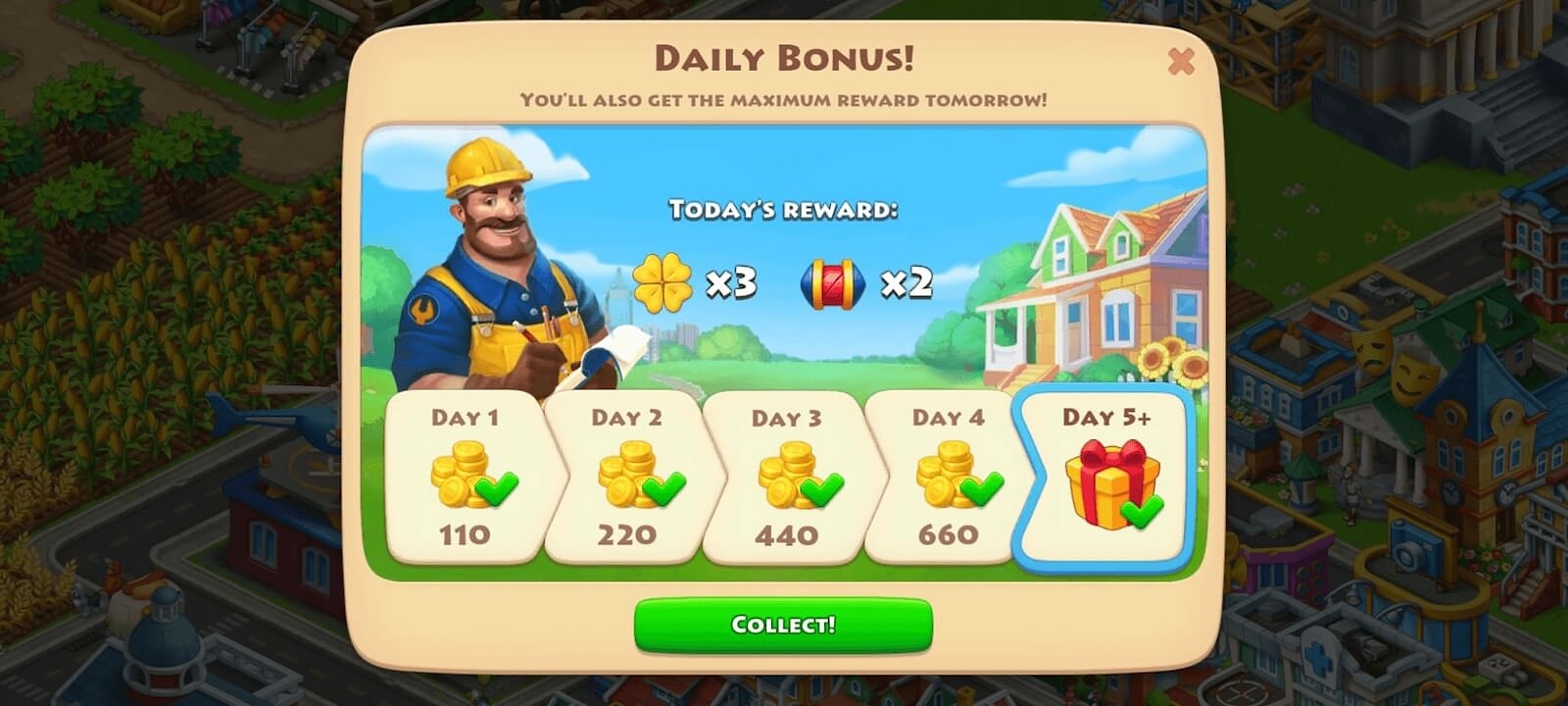 Daily bonus for playing in Township