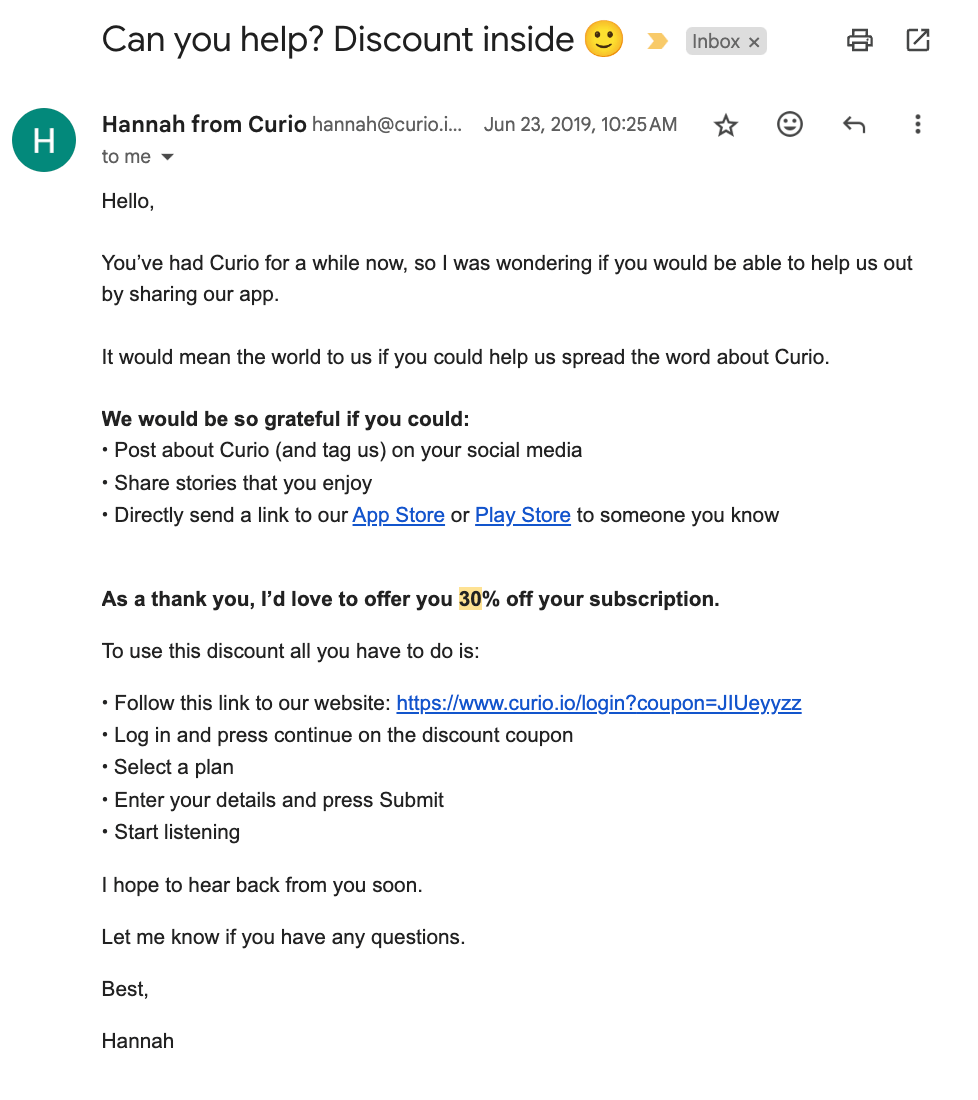 "Can you help? Discount inside" email