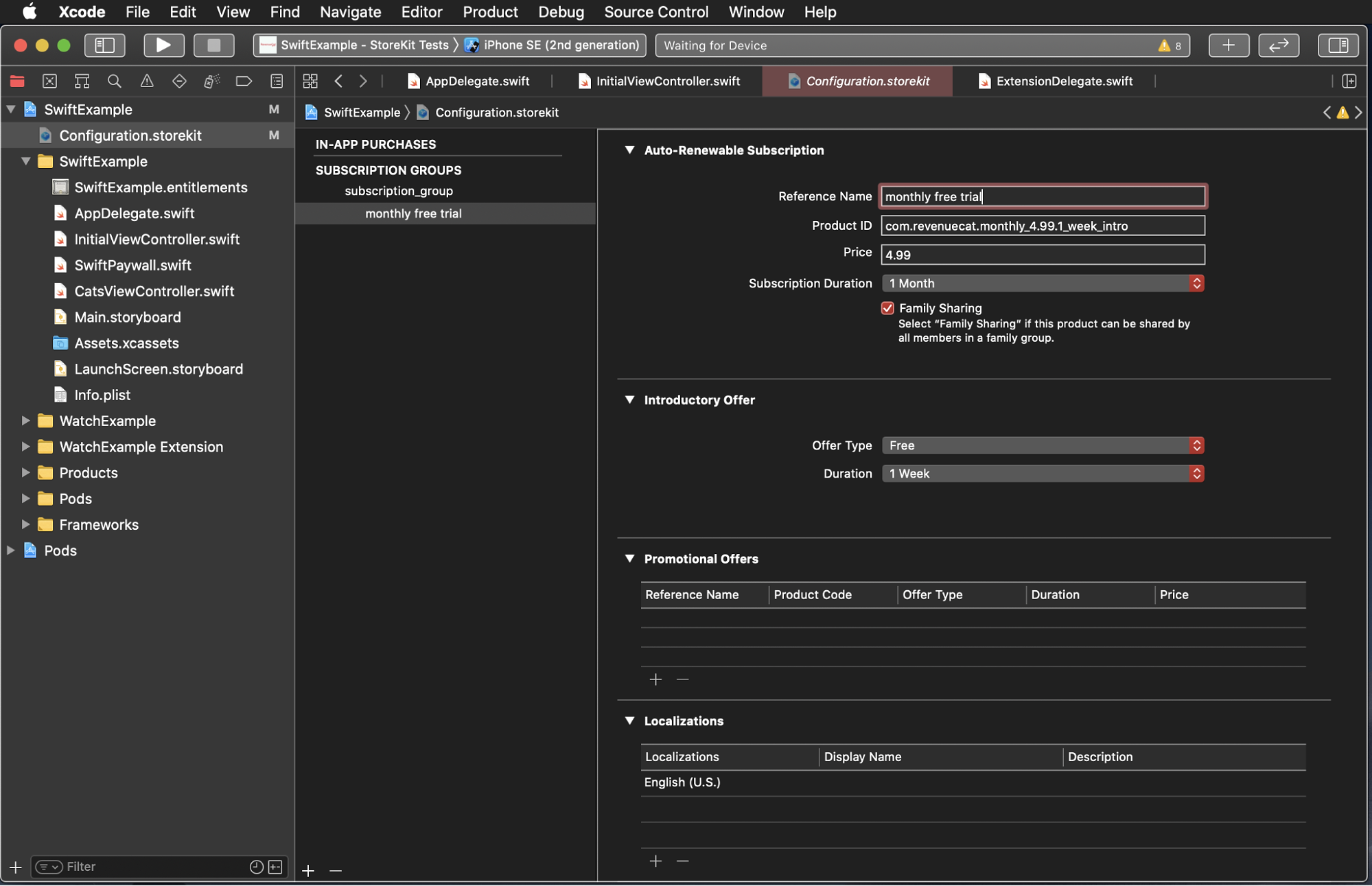 Screenshot of Storekit configuration file as seen in Xcode.