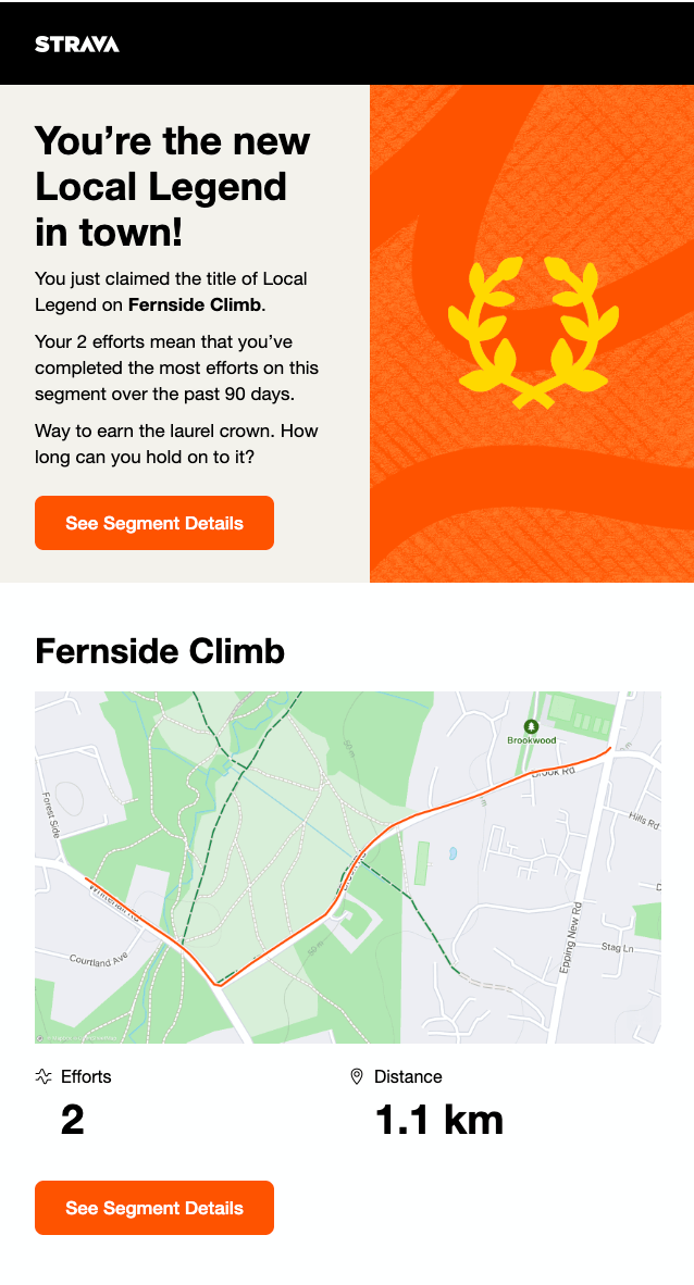 Email from Strava about their leaderboard