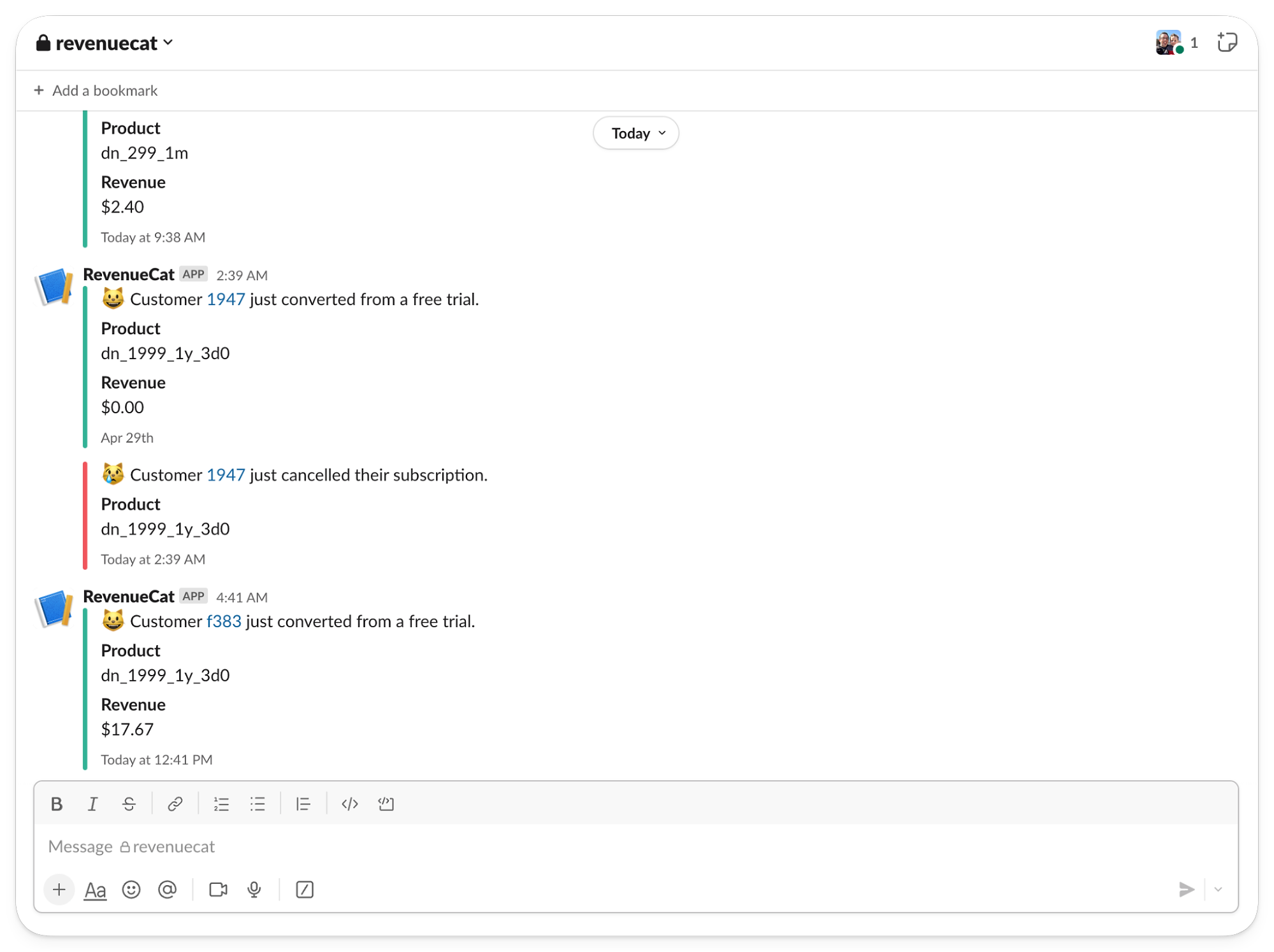 RevenueCat bot posting into a channel using the Slack integration