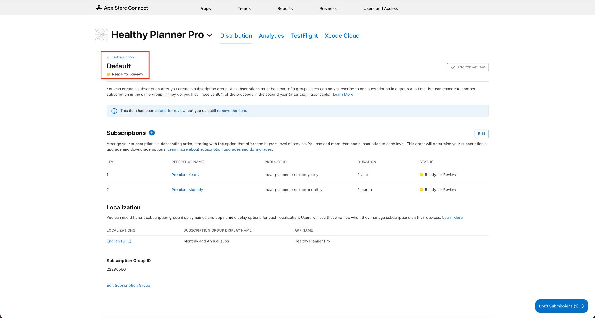 App Store Connect’s “Default” subscription group is marked “Ready for Review” and has been added for review, with Premium Yearly and Premium Monthly subscriptions and an English (U.K.) localization.