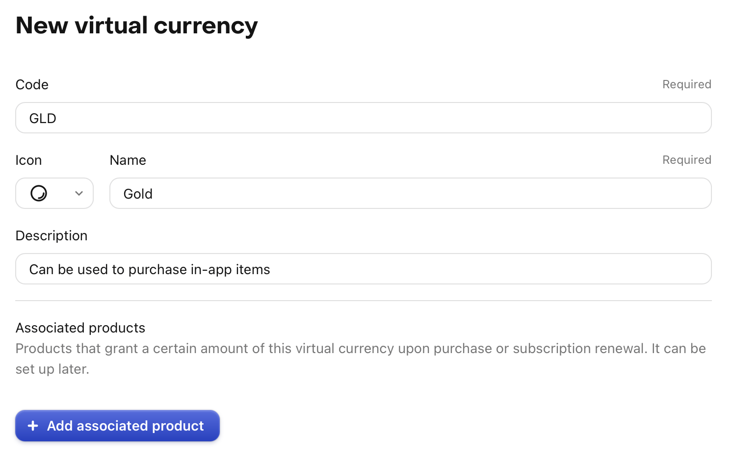 “Create new currency” view when adding a new virtual currency in the RevenueCat dashboard
