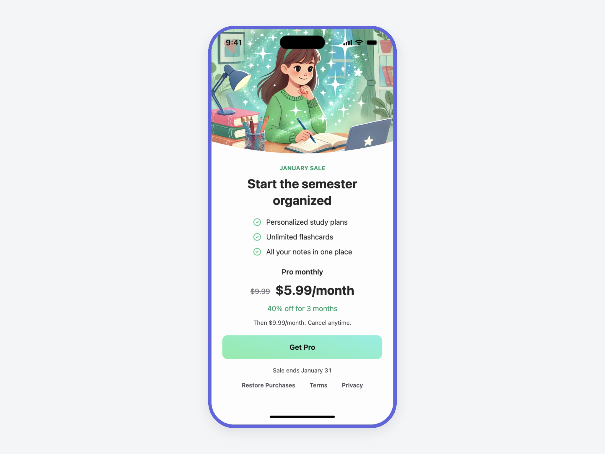 1. Study app paywall featuring one monthly plan, a January offer of 40% off for three months, and a “Get Pro” button.