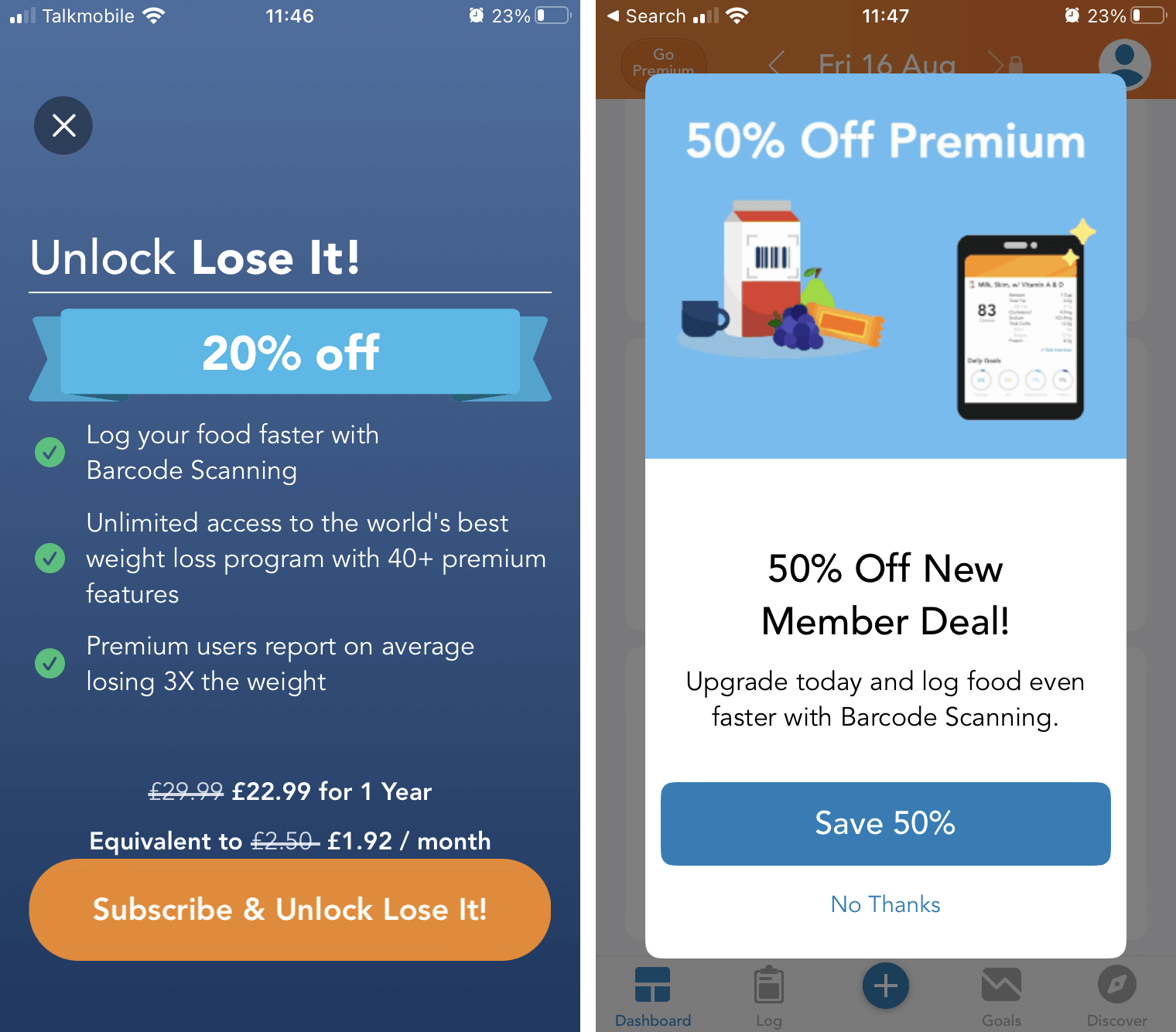 Weight loss app Lose It! offers me 20% off during onboarding if I decline the offer of a trial - upon re-entering the app moments later, I'm offered an even bigger 50% off. 