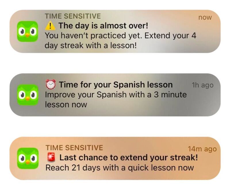 screenshots showing three notifications from Duolingo emphasizing streak ending soon