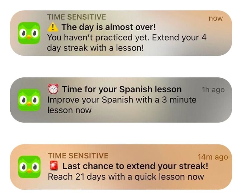 screenshots showing three notifications from Duolingo emphasizing streak ending soon