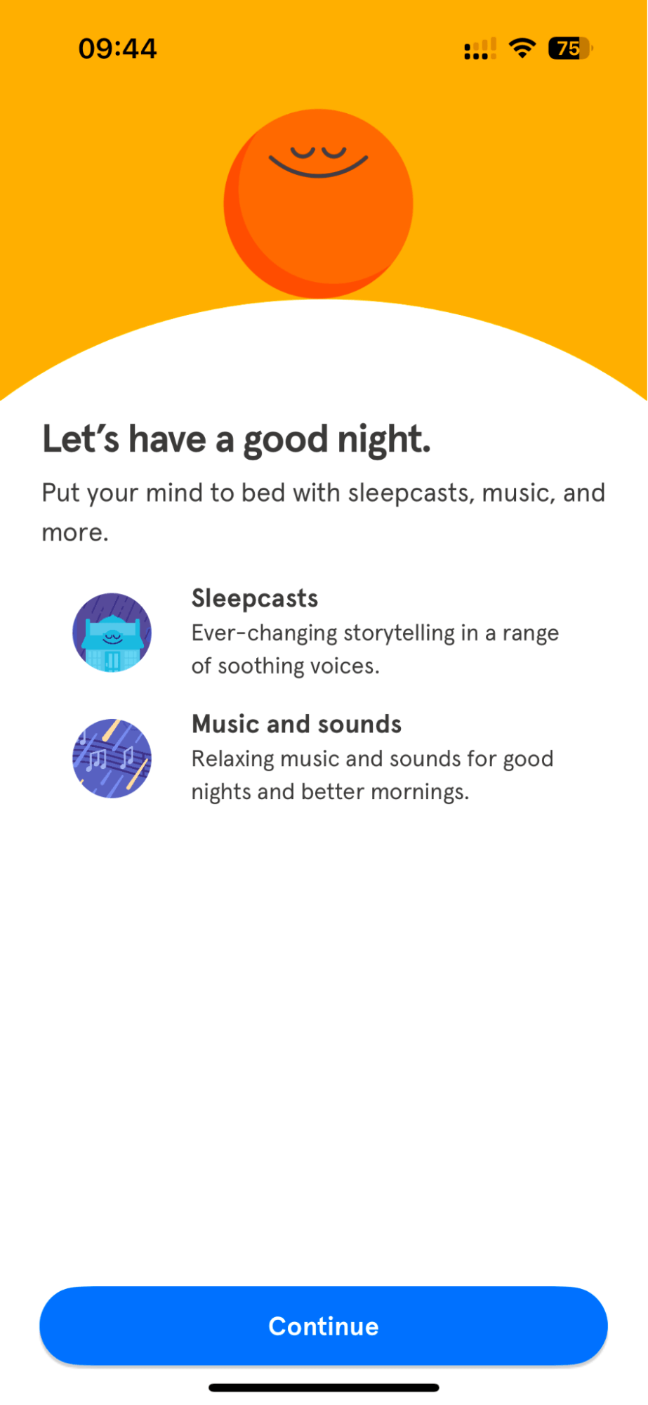 Headspace app onboarding screen prompting users with sleep-related content options.