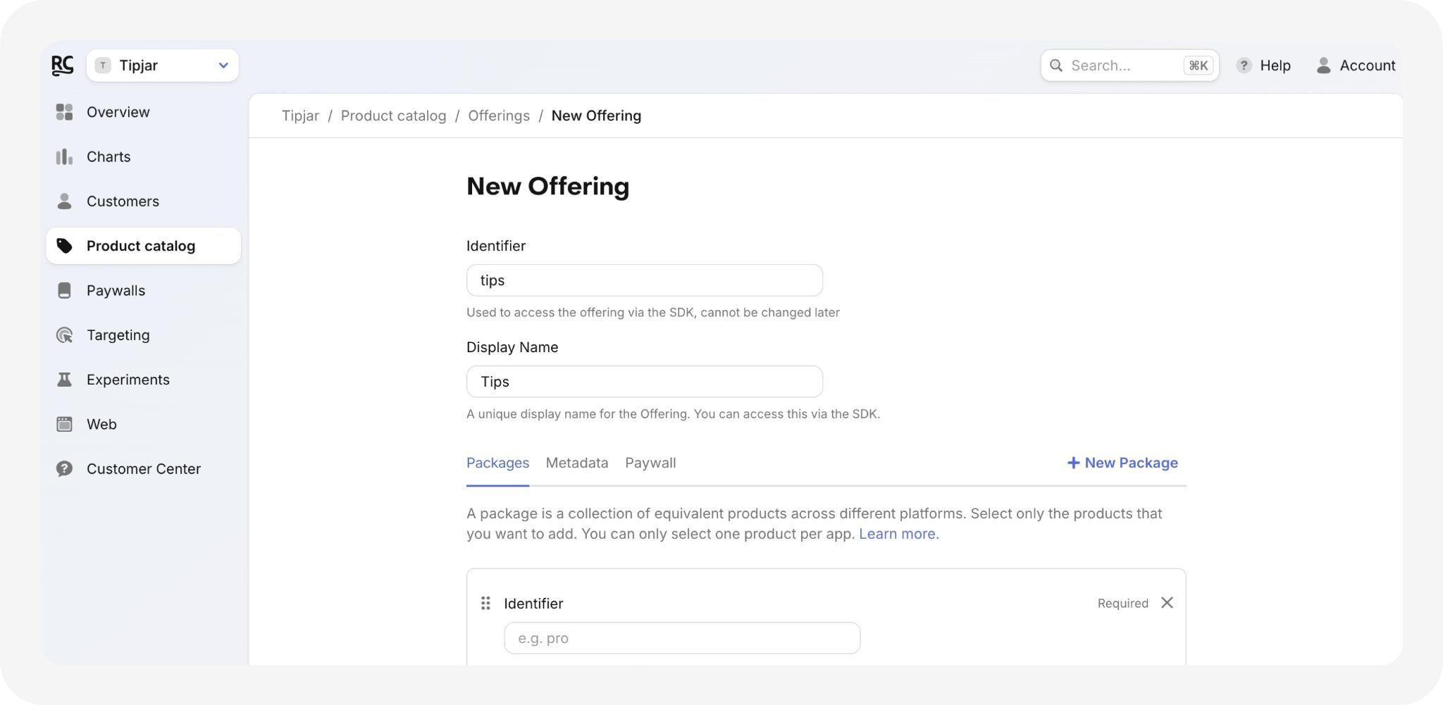 Screenshot of setting up a new offering in RevenueCat dashboard