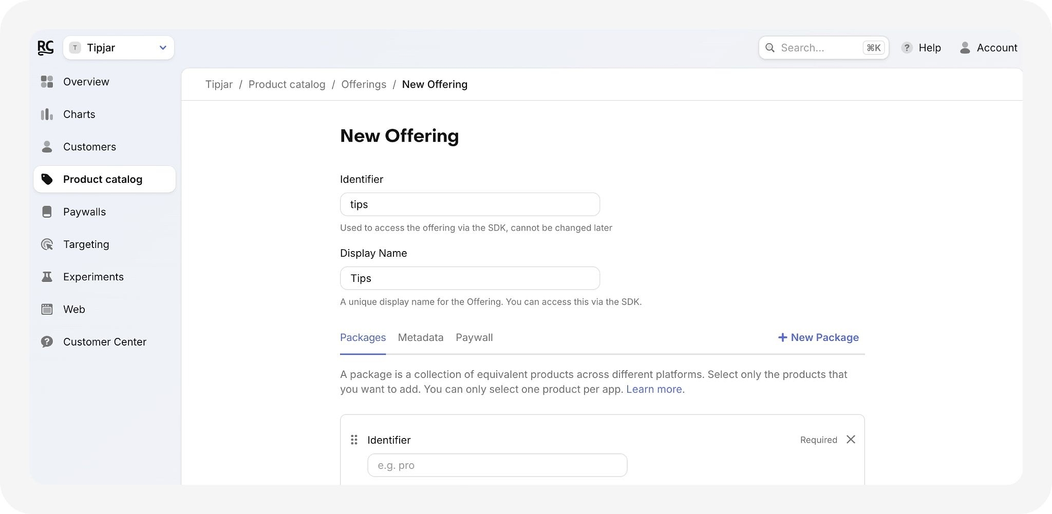 Screenshot of setting up a new offering in RevenueCat dashboard