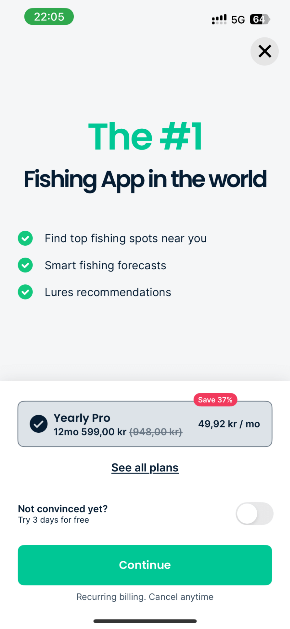 Fishbrain paywall featuring brief benefit bullets and a minimal call to action