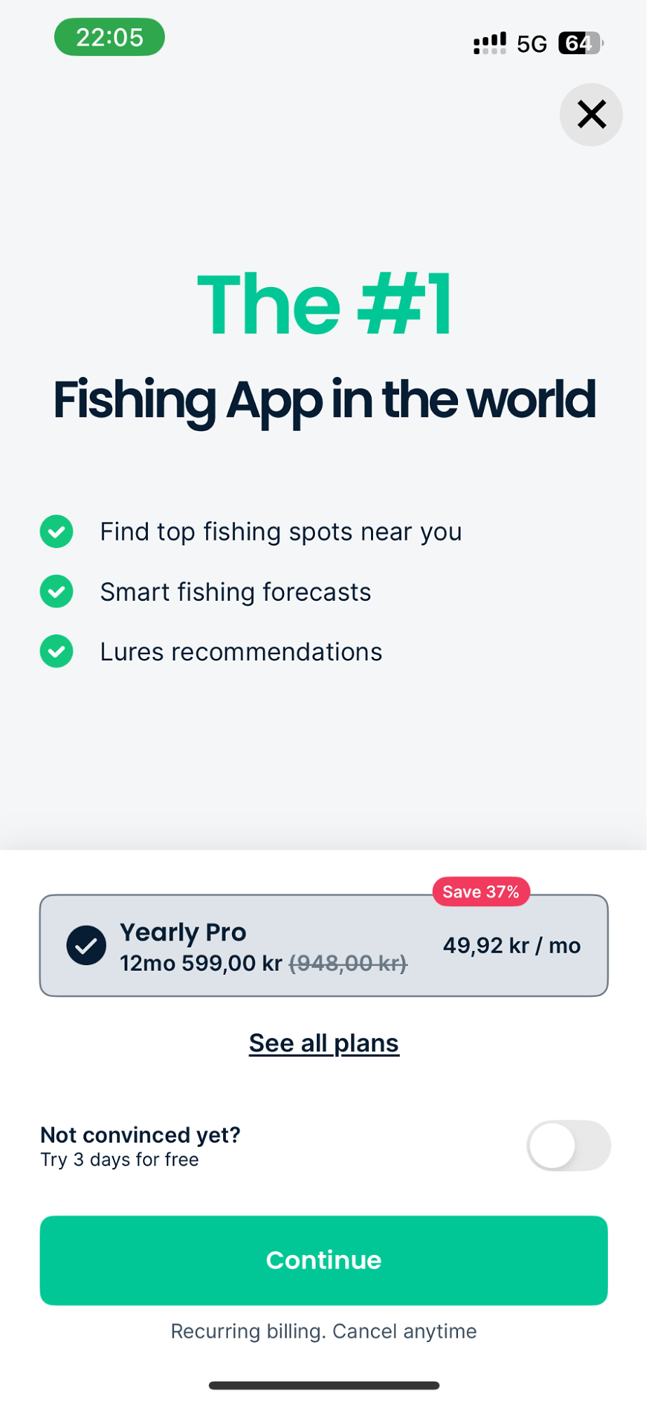 Fishbrain paywall featuring brief benefit bullets and a minimal call to action
