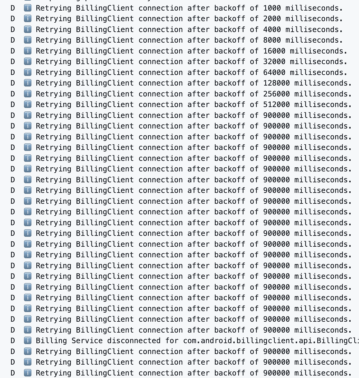 We knew we needed to tackle better error handling, but what we didn’t know was that our backoff retries were completely broken. We got a report that indicated the BillingClient was retrying indefinitely.