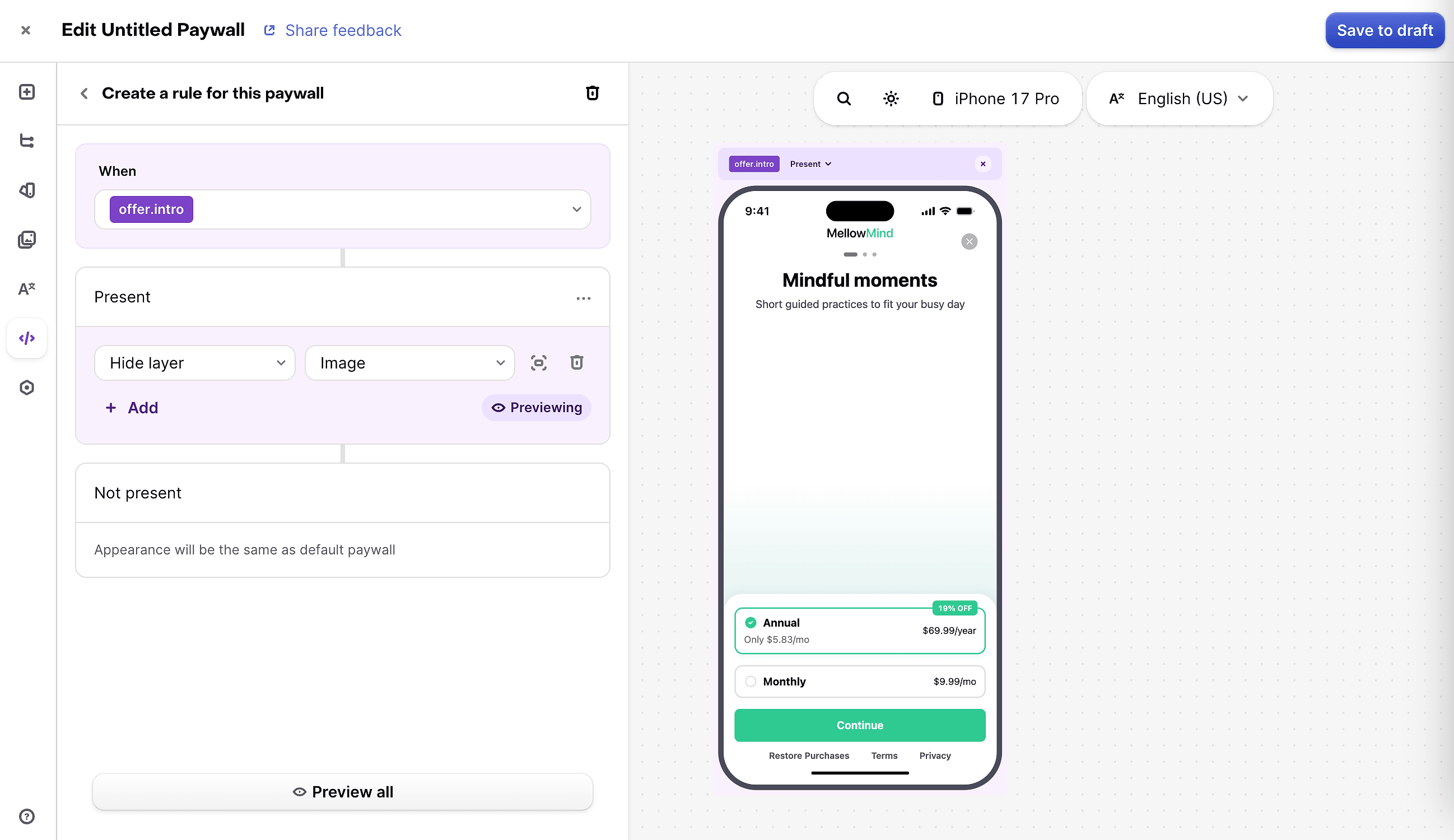 Screenshot of Paywall editor and Paywall Rule tab, showing new offer.intro rule that demermines if a selected package is shown if there's an introductory offer available for the user.