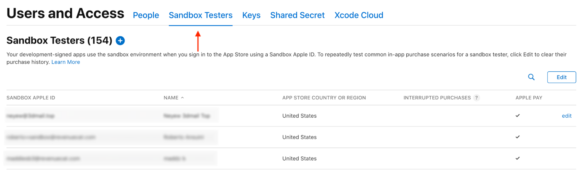 Where to find Sandbox Testers in App Store Connect.