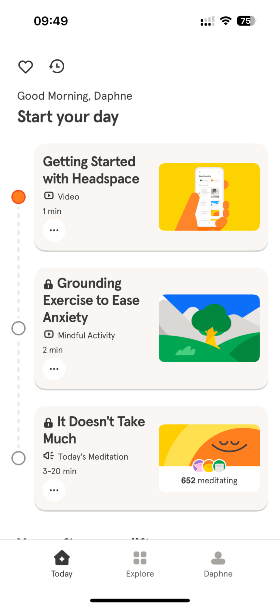 Headspace app's 'Start your day' screen featuring meditation and grounding exercises.