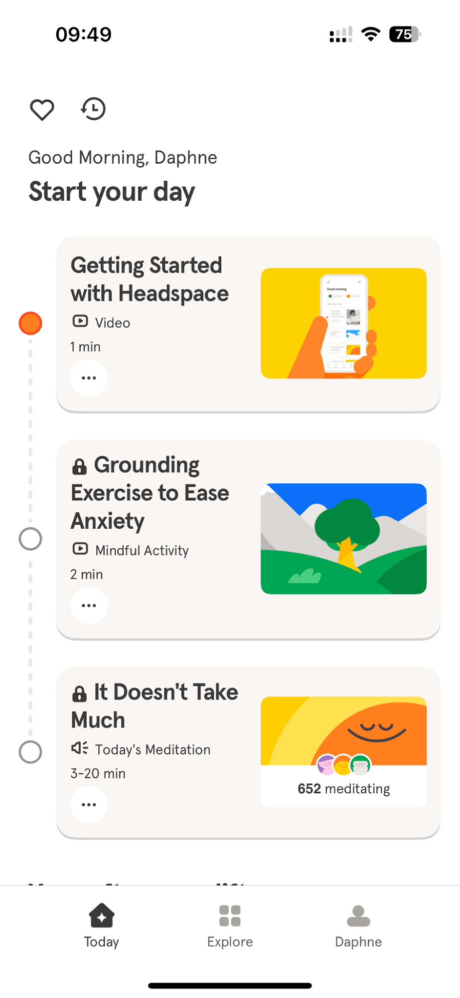 Headspace app's 'Start your day' screen featuring meditation and grounding exercises.