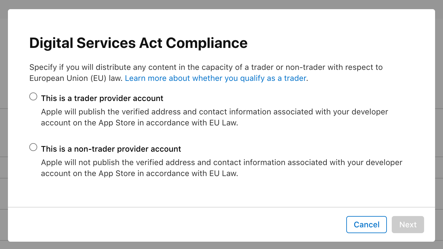 Screenshot of App Store Connect modal all developers are being presented with.