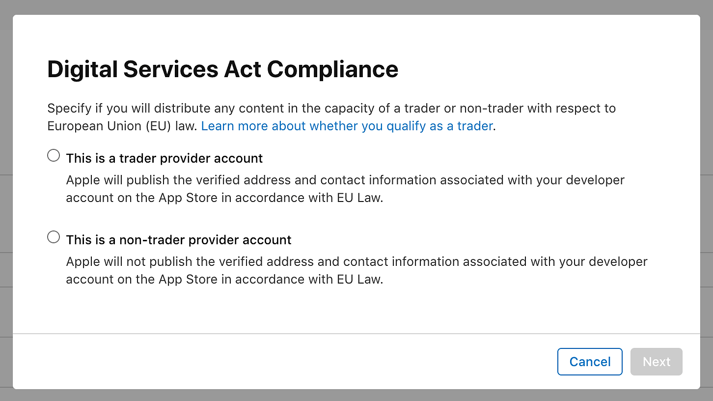 Screenshot of App Store Connect modal all developers are being presented with.