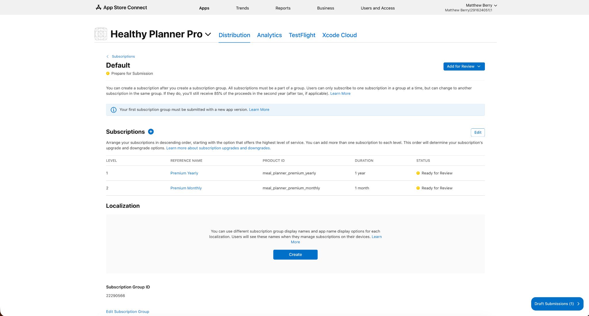 App Store Connect’s “Default” subscription group for Healthy Planner Pro shows Premium Yearly and Premium Monthly subscriptions, both marked “Ready for Review,” with an “Add for Review” option.