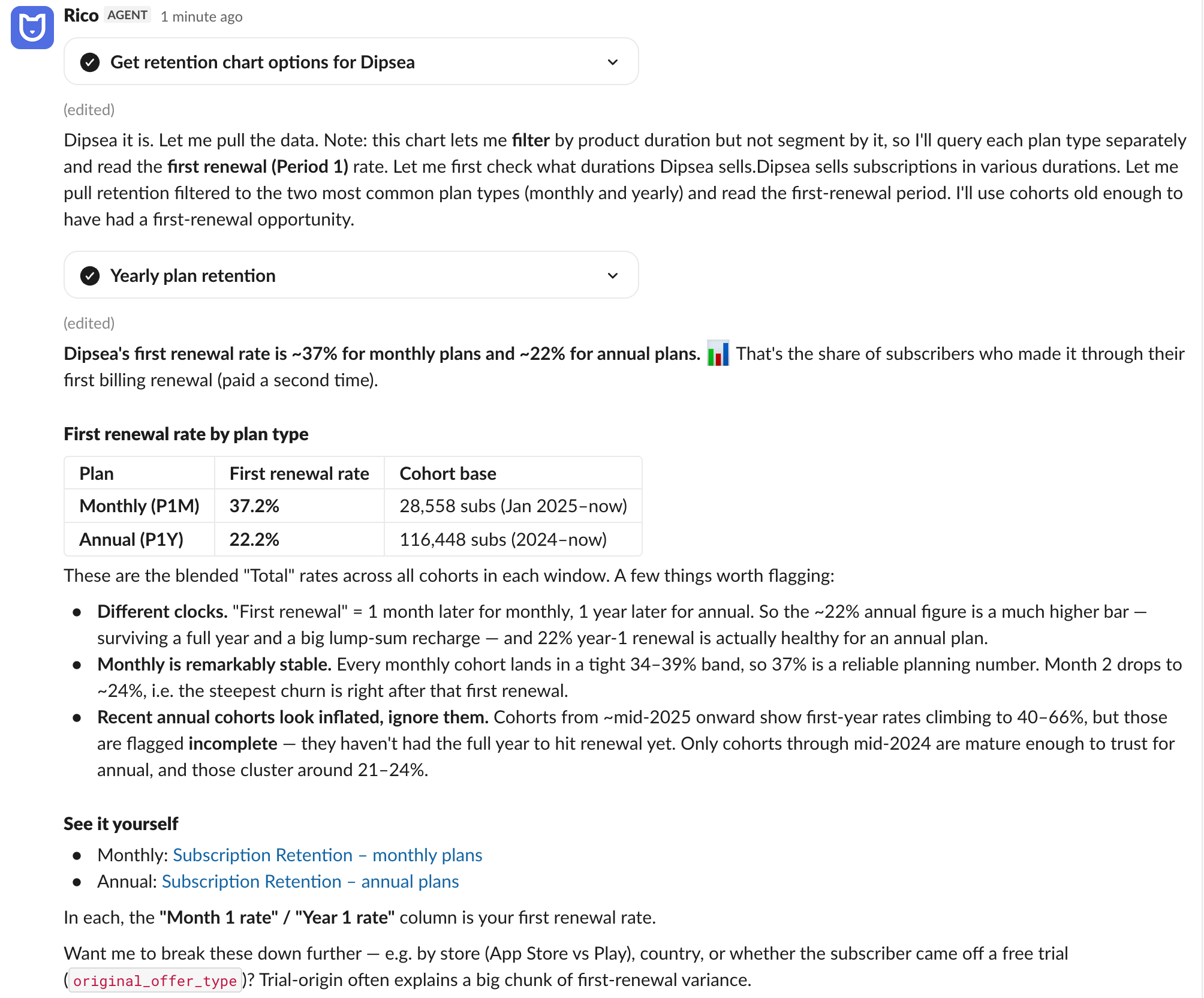 screenshot showing Rico conversation in Slack sharing first renewal rate for an app