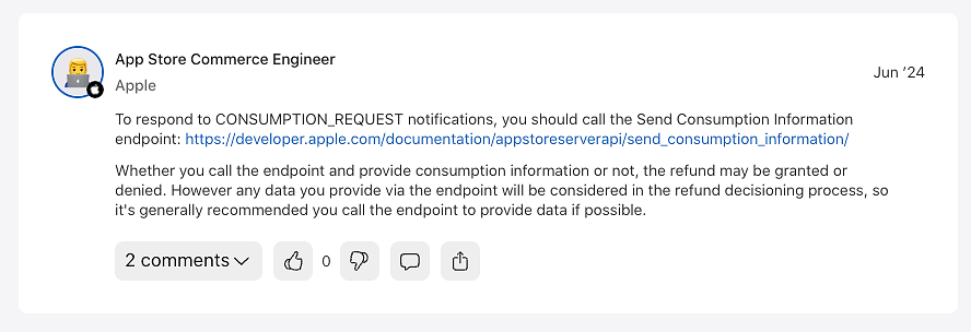 An Apple engineer responding to a thread about CONSUMPTION_REQUESTS notifications in the Apple Developer forums