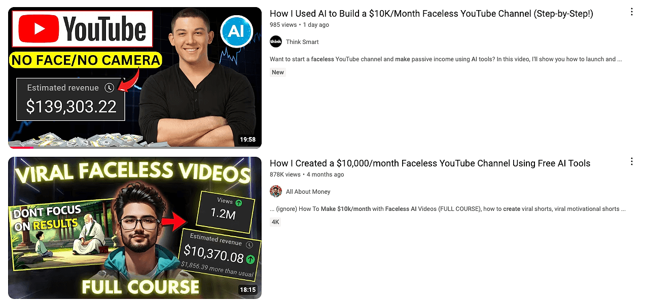 YouTube thumbnails showing faceless AI content, a growing trend in cost-effective and scalable ad creative.