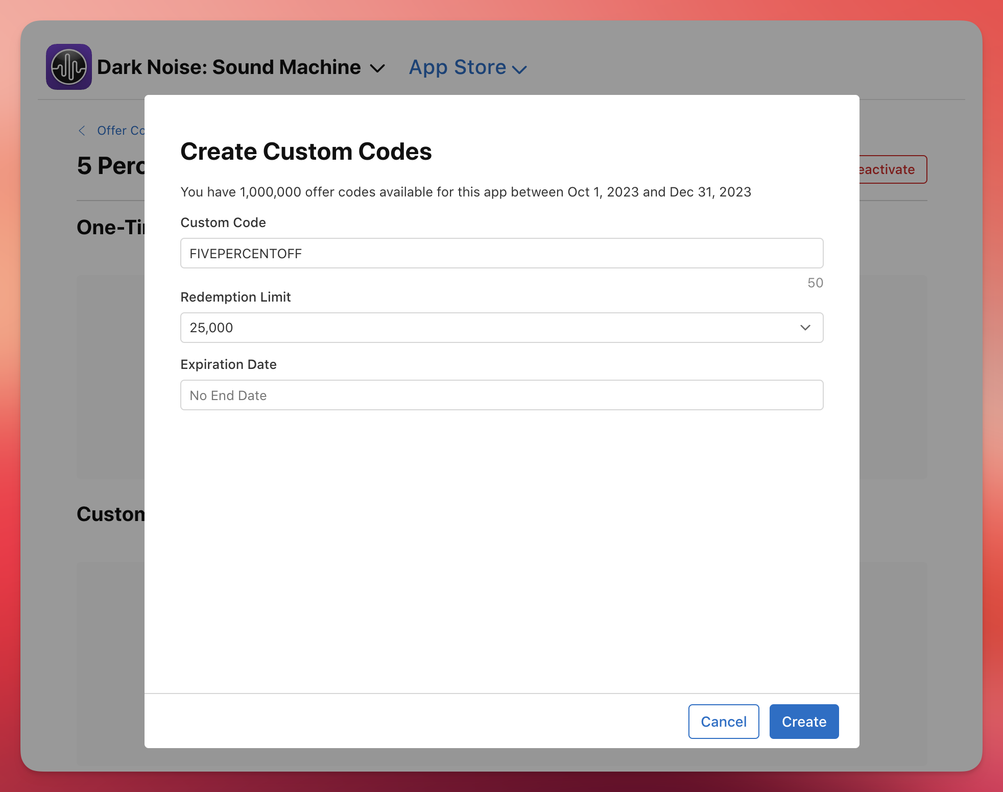 Custom Offer Code configuration page on App Store Connect