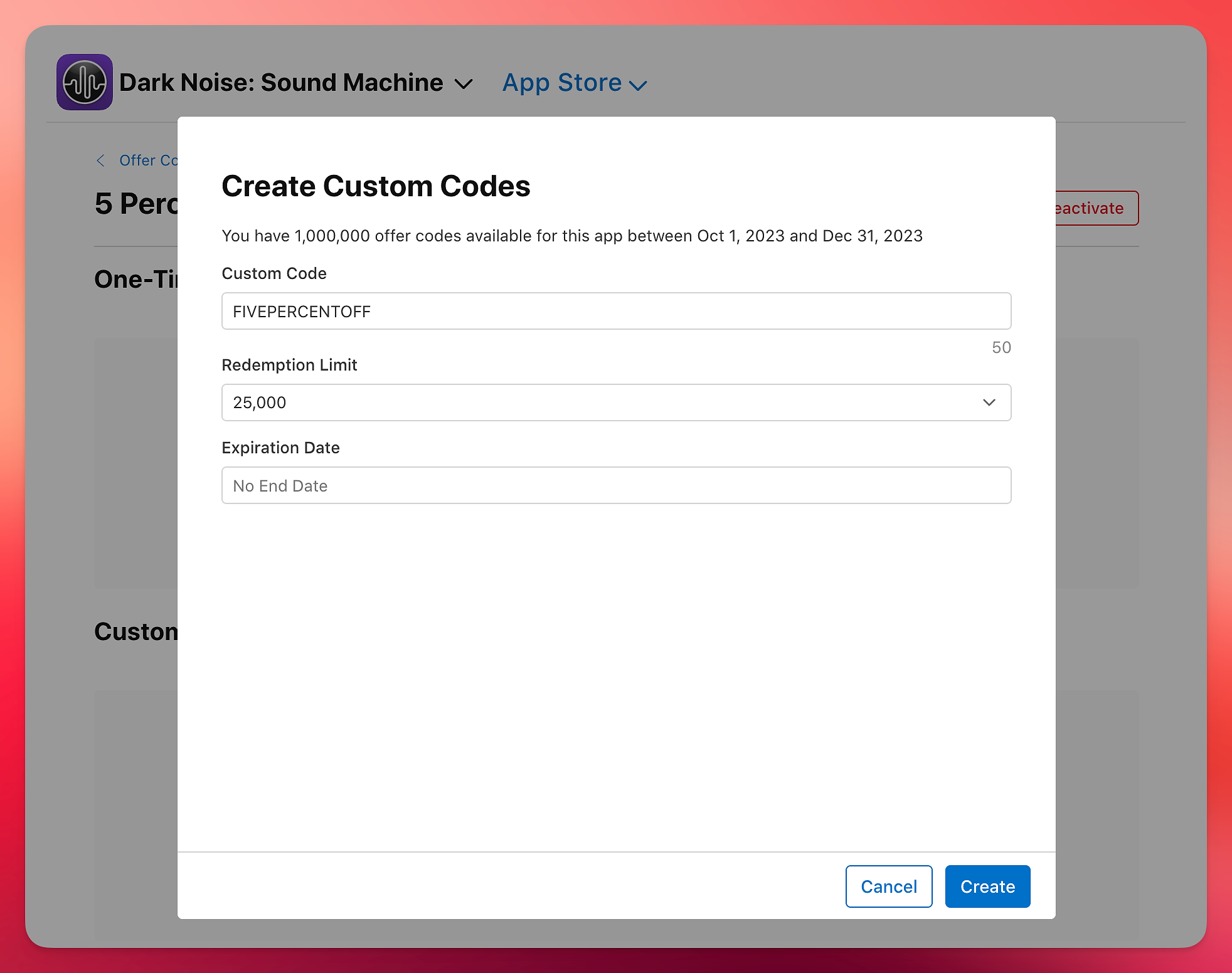 Custom Offer Code configuration page on App Store Connect