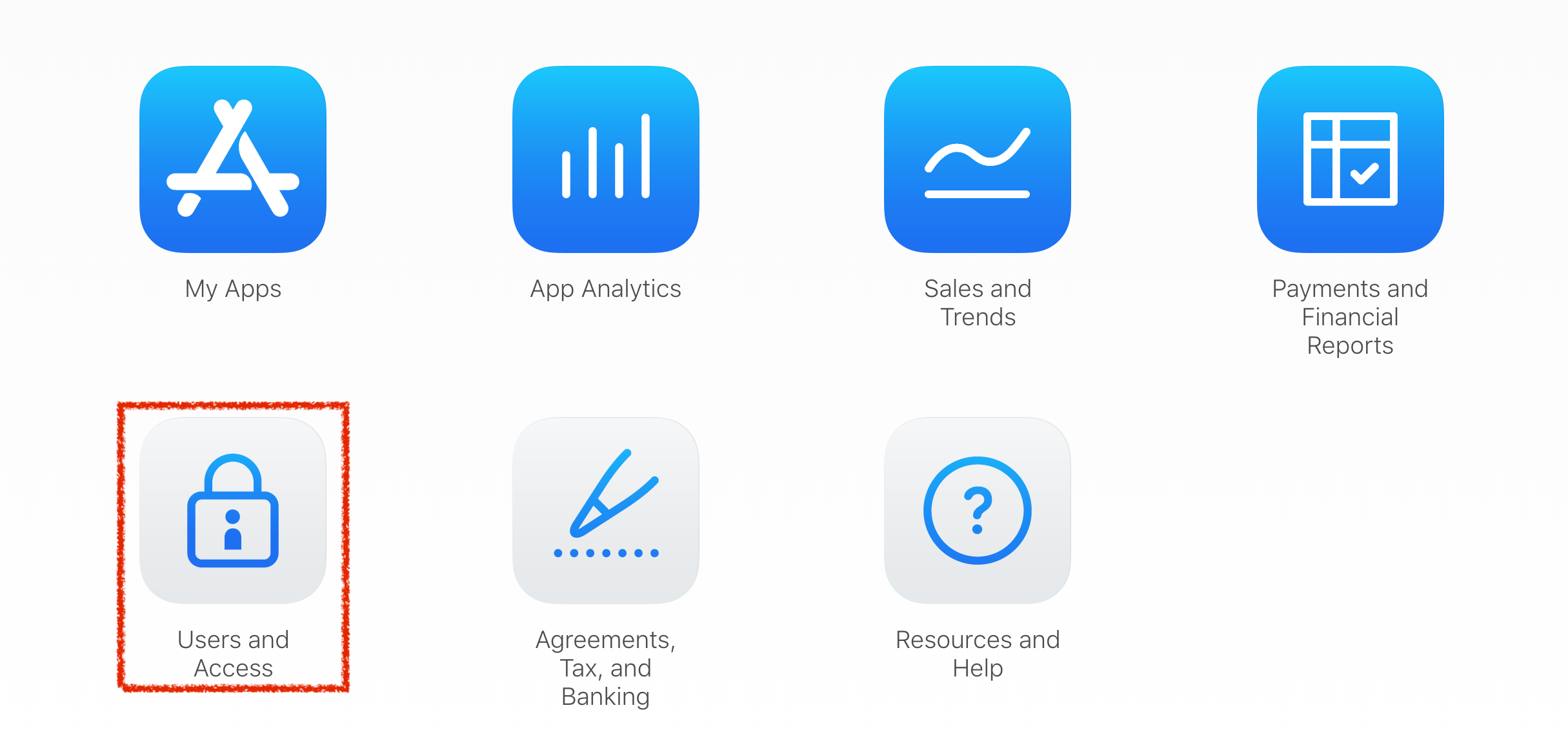 Screenshot of App Store Connect navigation UI highlighting where to create sandbox accounts