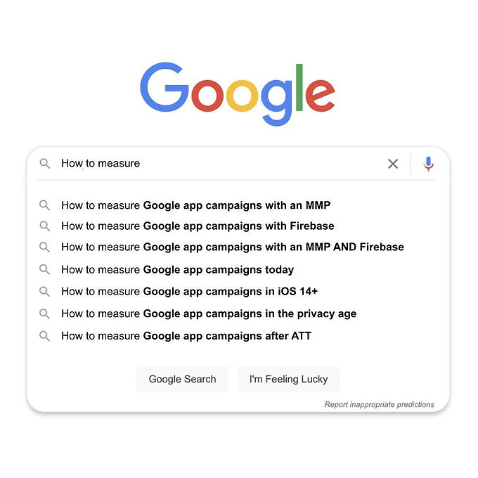 Google searches revealing the difficulties of measuring Google app campaigns.